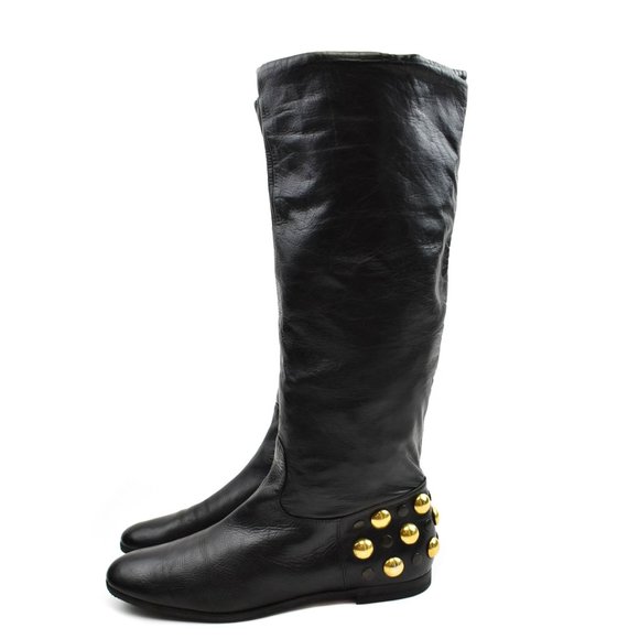 GUCCI: Black Leather & Gold Studded, Moto Boots - Picture 7 of 10